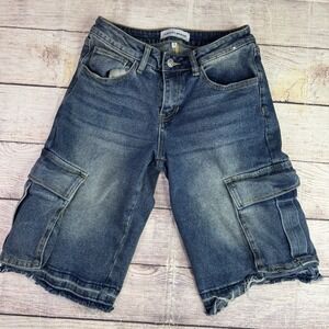 Ashley Mason Y2K Denim Cargo Shorts Women's Size 1/25 Raw Hem Distressed
